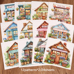 autocollants muraux motifs maisons fleurs détaillés couleurs marron bleu vert rose jaune violets opaquesscrição