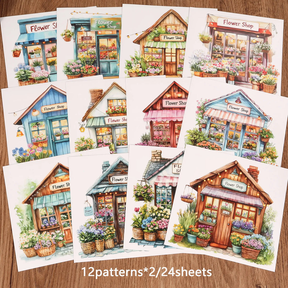 autocollants muraux motifs maisons fleurs détaillés couleurs marron bleu vert rose jaune violets opaquesscrição