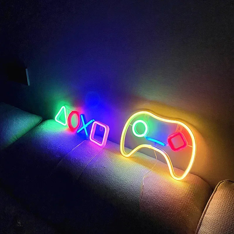 décoration lumineuse led symboles playstation manette jeu couleurs variées gaming moderne