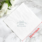 serviettes papier mariage anniversaire baby shower decoration table blanc bleu ruban texte fleurs couverts