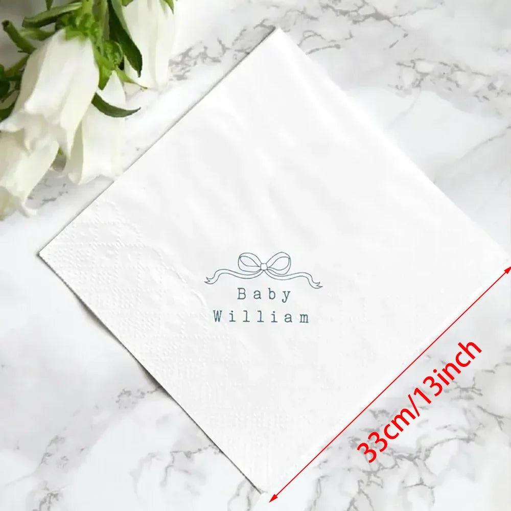 serviettes papier mariage anniversaire baby shower decoration table blanc bleu ruban texte fleurs couverts