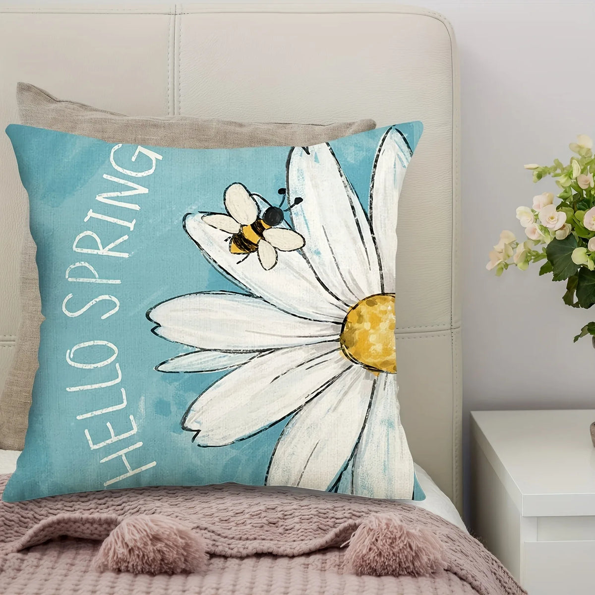 housse coussin polyester motif fleur bleue moderne texte printemps coussins différentes tailles