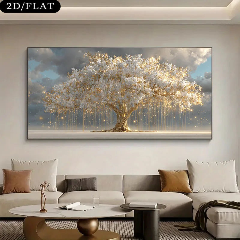 tableau moderne toile abstraite arbre doré branches nuages salon chambre