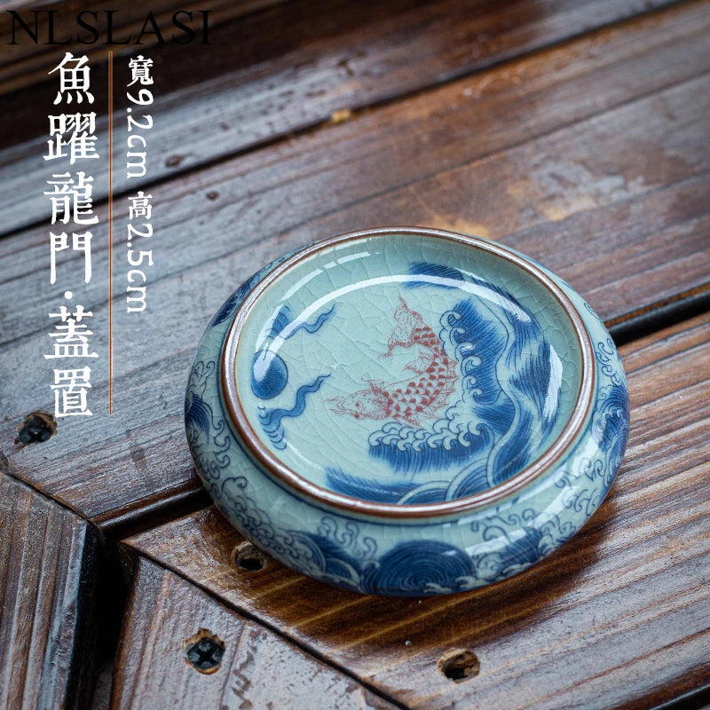 boîte thé bleu blanc rouge peinture chinoise artisanale tasse inclusion montagne fleur