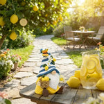 statue gnome decoratif jaune blanc marron citrons rayures chapeau barbe texturée intérieur extérieur jardin