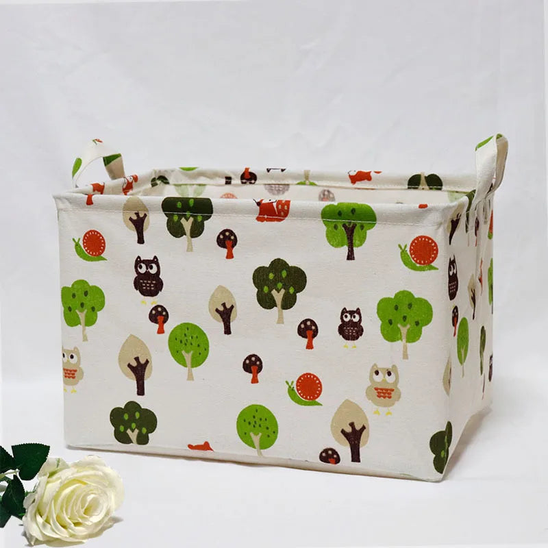 boîte rangement pliable tissu lin motif animaux moderne blanc marron gris vert