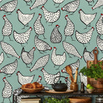 papier peint adhésif animal poules motif champêtre enfantin vert rouge décoratif