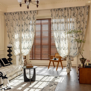 rideau moderne semi transparent motif feuilles bambou beige vert foncé salon chambre maison