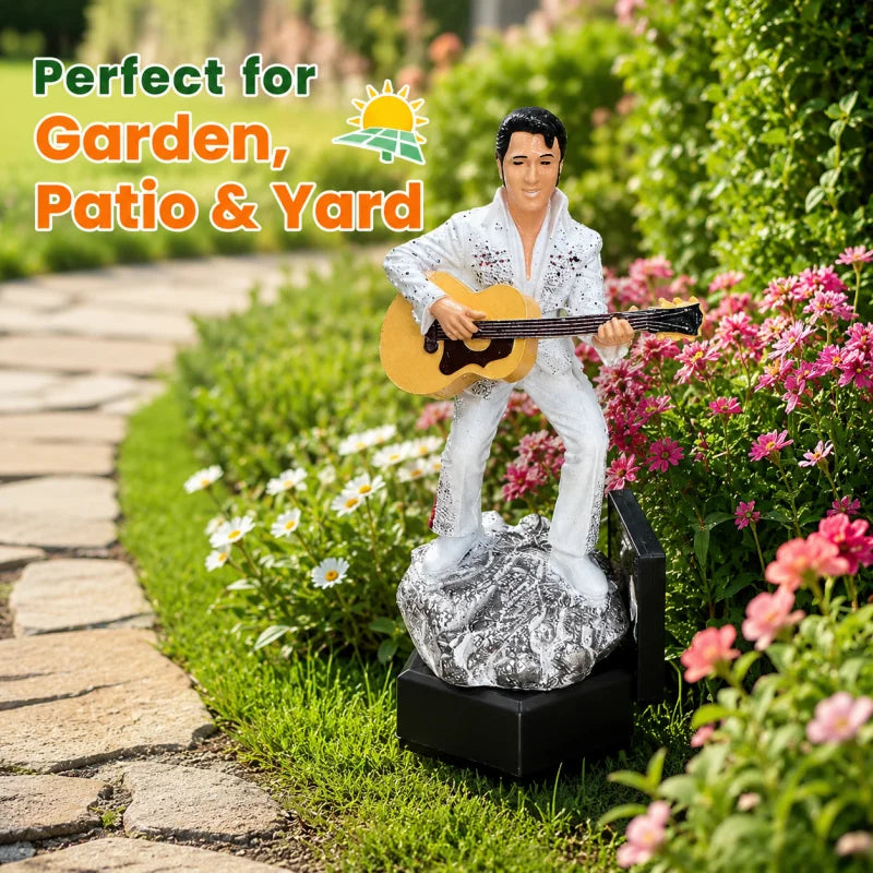 statue jardin solaire résine étoiles blanc doré rock base noire guitare Elvis
