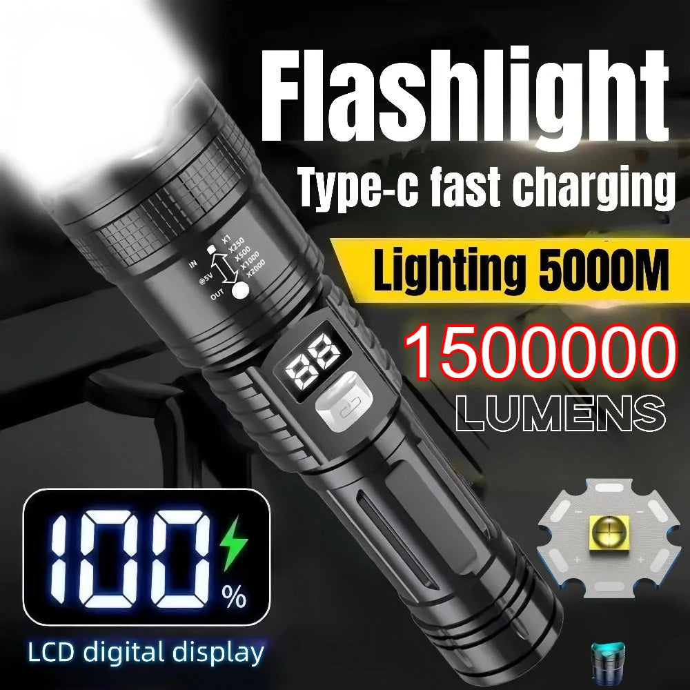 lampe poche rechargeable led zoomable noire éclairage 500mètres camping outdoor