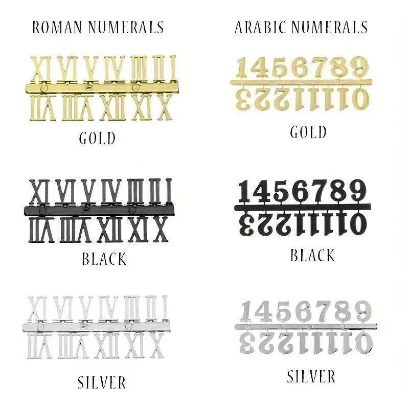 horloge murale moderne or noir argent numéros romains arabes vis fixations