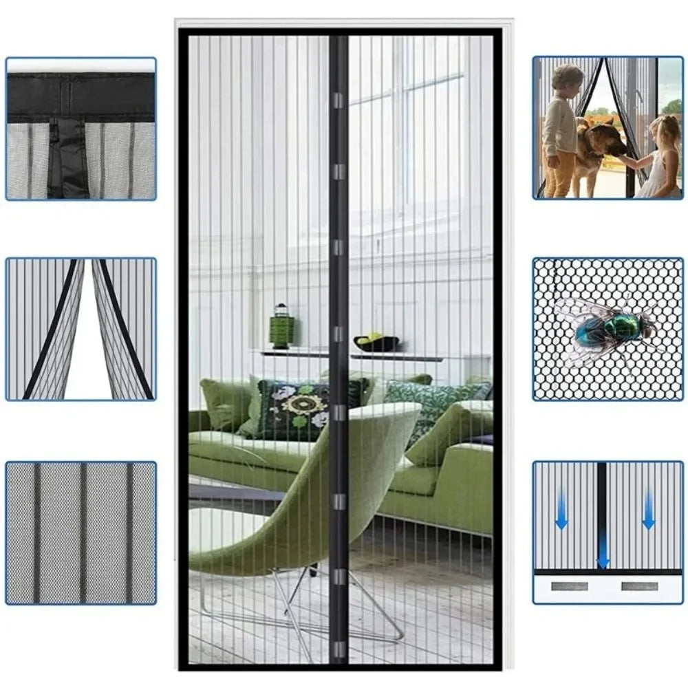 rideau magnétique porte noir blanc maille fine aimants clips fixation moderne ventilation