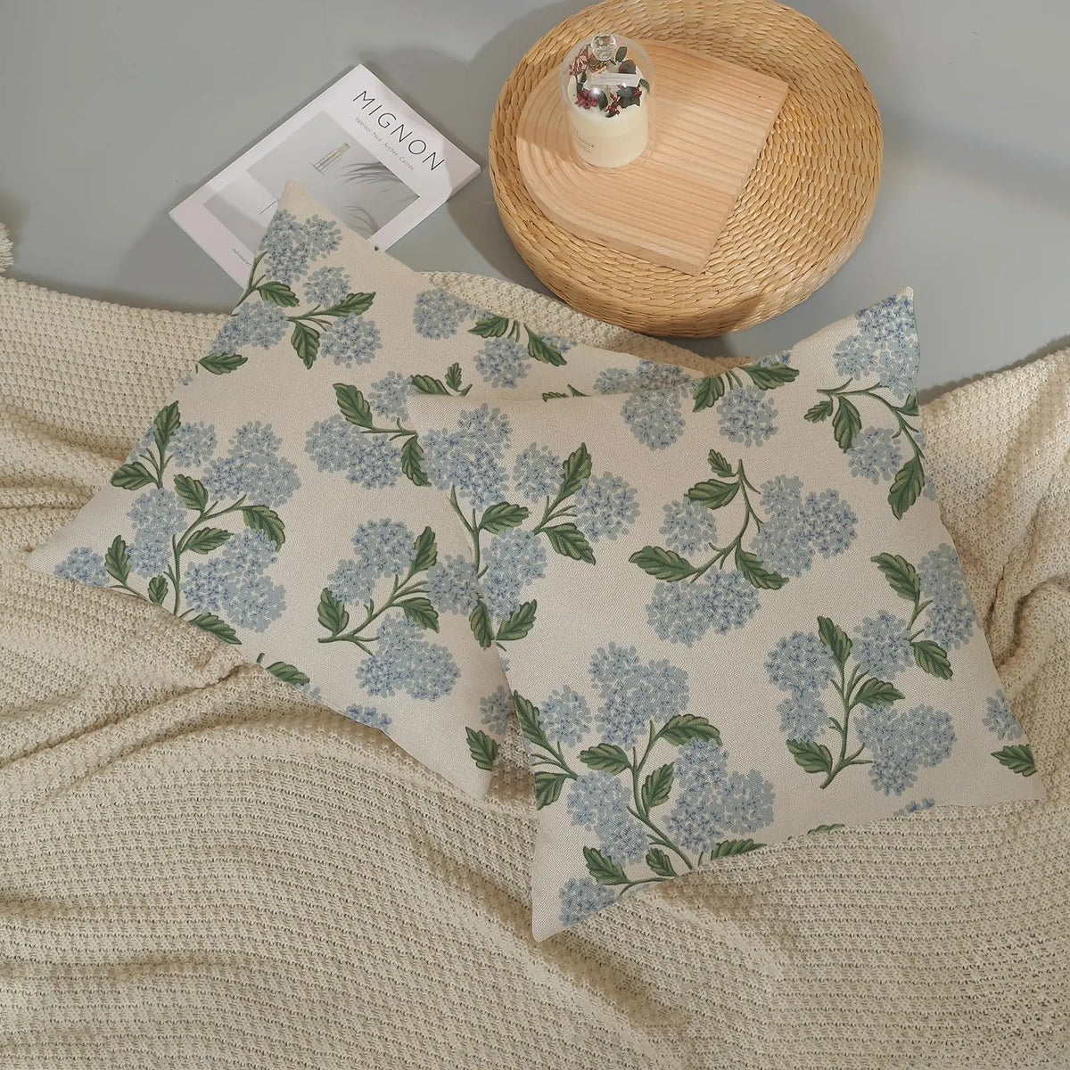 taies d'oreiller lin vintage fleurs hortensia non toxiques respectueux environnement hôtelière 450x450mm