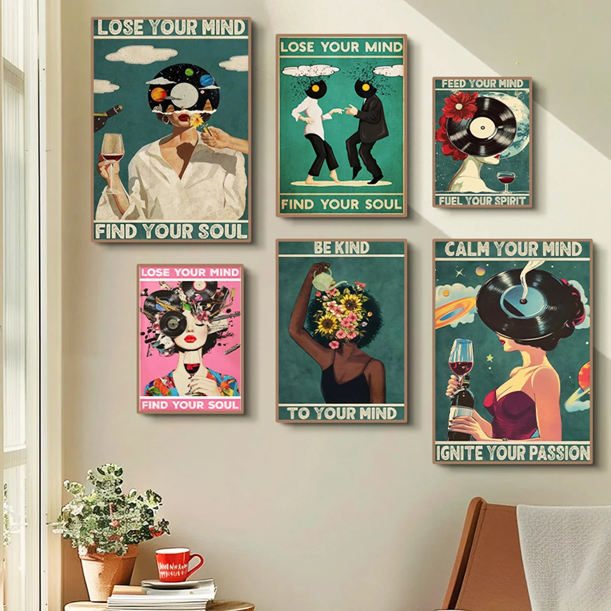 affiche murale impression toile abstraite vintage personnages stylisés disques vinyle fleurs textes bleu blanc