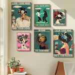 affiche murale impression toile abstraite vintage personnages stylisés disques vinyle fleurs textes bleu blanc