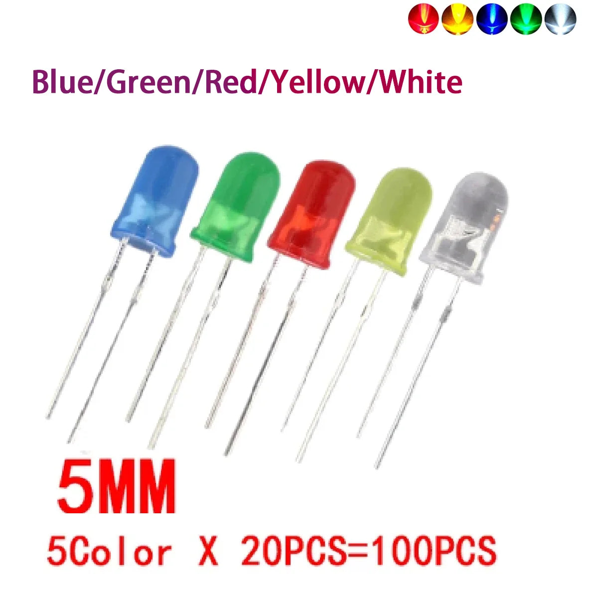 diodes led bleu vert rouge jaune blanc 5mm 100 pièces kit bricolage électronique