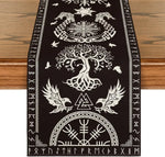chimene table lin noir motifs nordiques artisanal blanc runes oiseaux symboles ethnique