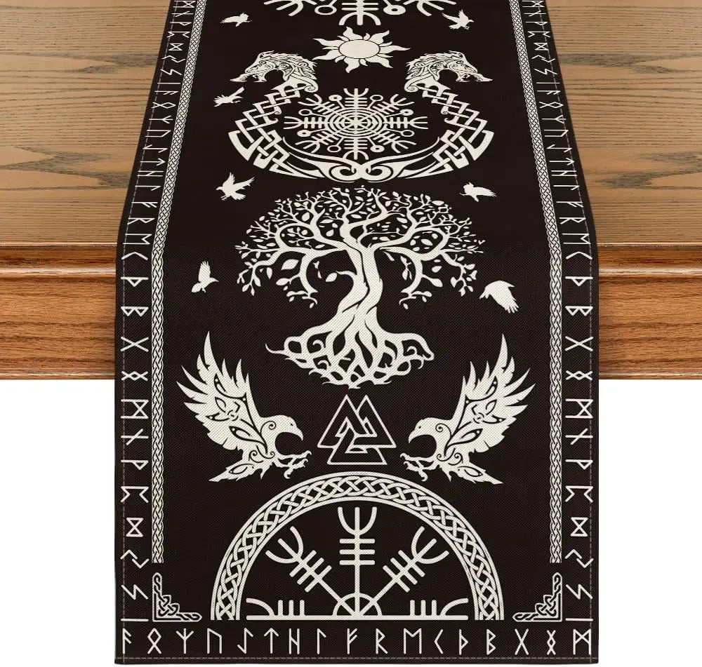 chimene table lin noir motifs nordiques artisanal blanc runes oiseaux symboles ethnique