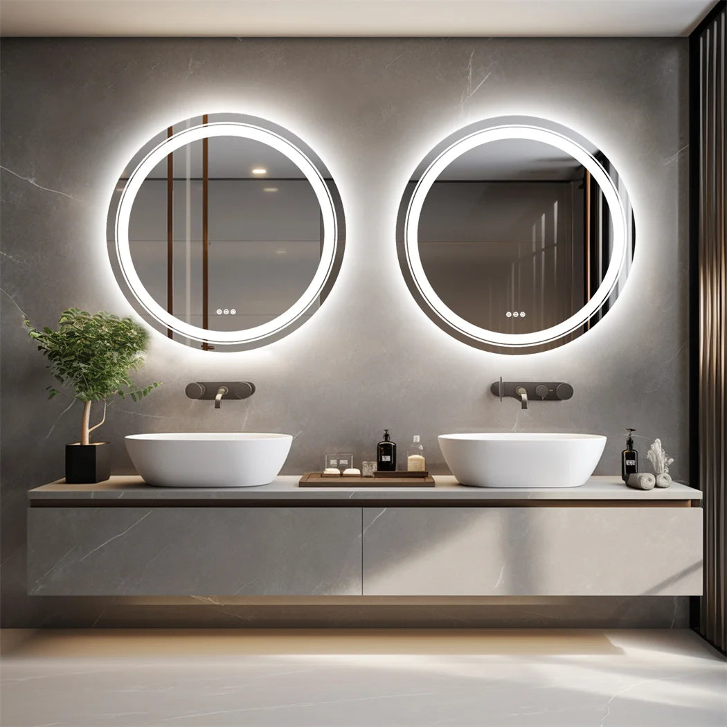 miroir rond lumineux argenté moderne éclairé antibuée écran tactile led dimmable