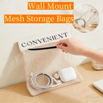 sacs rangement mural pliables beige clair maille fine moderne adhésif velcro poignée noire utilisation