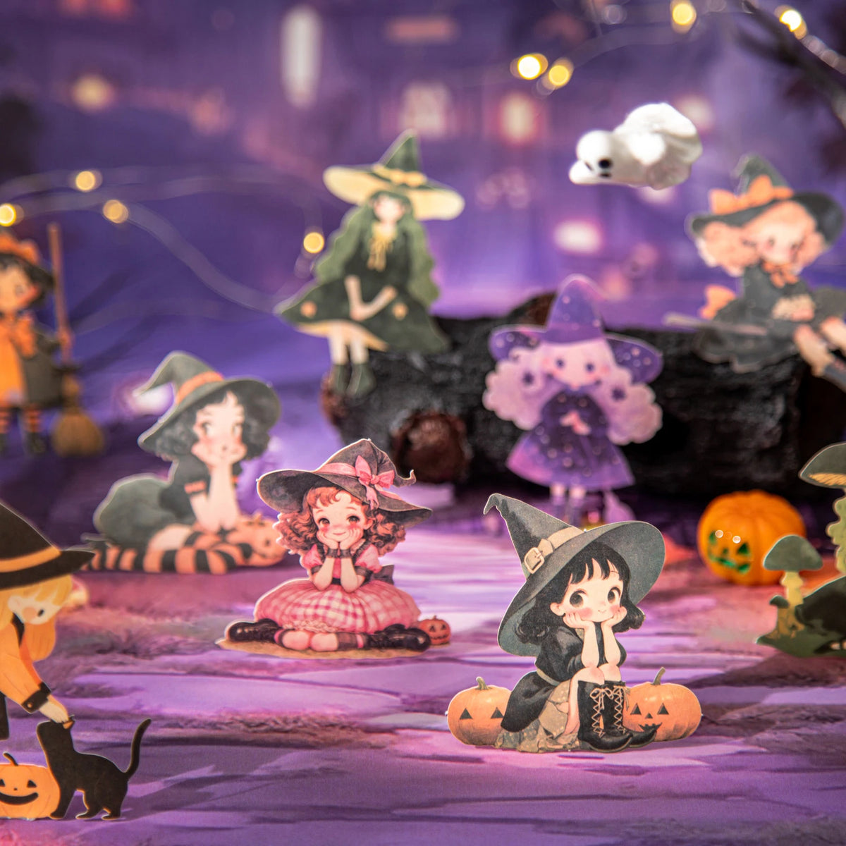 autocollants sorcières halloween personnages citrouilles chats papillons noir rose vert orange