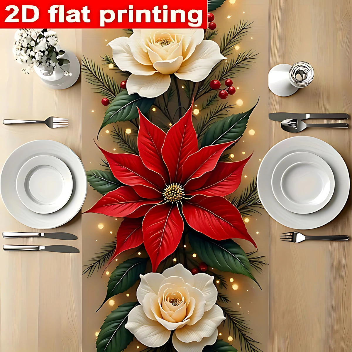 nappe festive polyester motifs floraux noël scintillants houx blanc doré