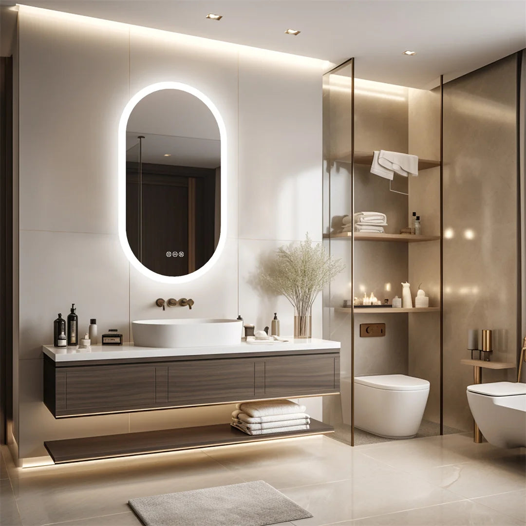 miroir ovale moderne éclairé antipoussière vasque marbre blanc salle bain