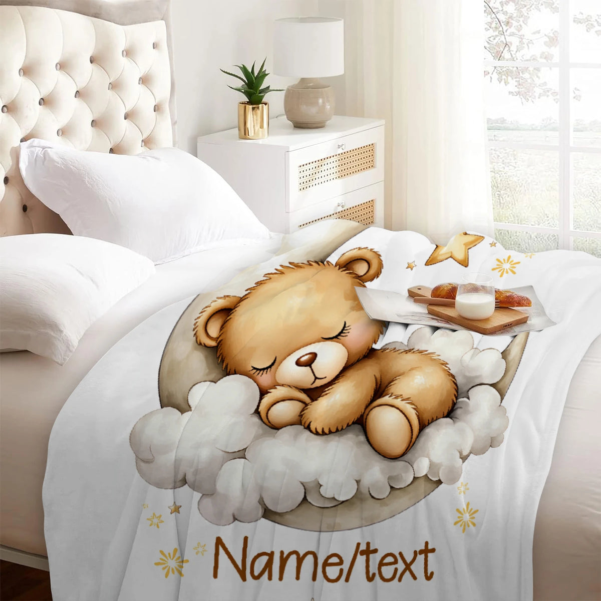 couverture enfant ours doré nuages étoiles illustration mignonne polyester portable maison lit voyage