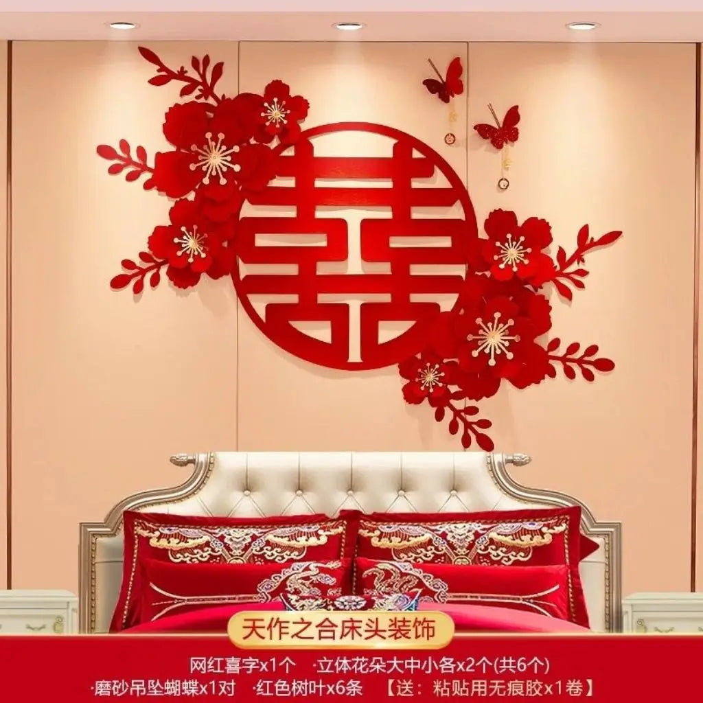 décoration mariage fleurs 3d noeud papillon symbole double bonheur happy wedding adhésif traditionnel asiatique