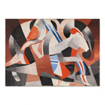 Cette peinture abstraite en tons de gris, bleu et orange représente des formes géométriques dynamiques et expressives.