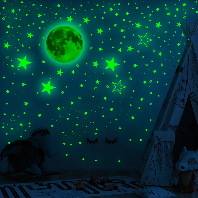 sticker mural lumineux lune étoiles moderne décoration chambre bleu vert rouge