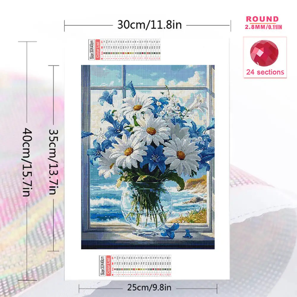 peinture diamant bouquet fleurs vase transparent feuilles vertes blanc bleu réaliste classique 30cm 40cm