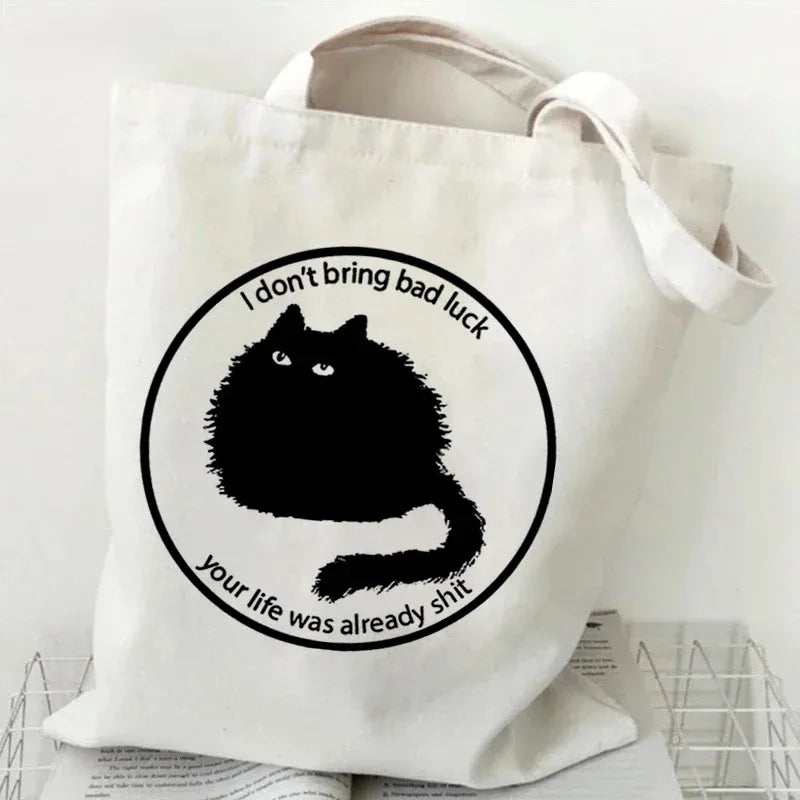 sac main femme toile chat cartoon noir blanc motifs animaux décontracté sans fermeture éclair