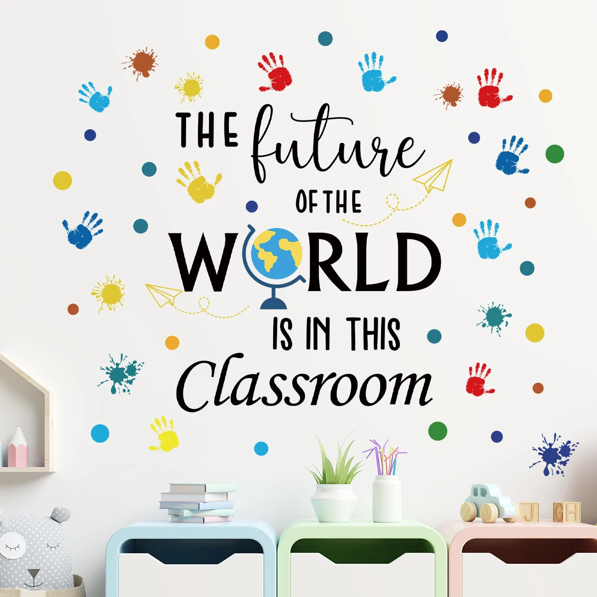 autocollant mural multicolore texte be kind enfants moderne chambre bébé déco avion empreintes mains