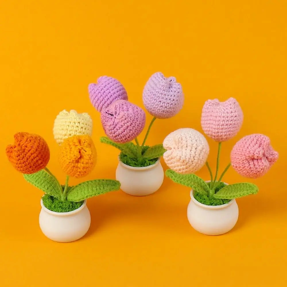 fleurs artificielles tricotées violet orange jaune rose blanche decoration maison tricot creatif artisanalintérieur