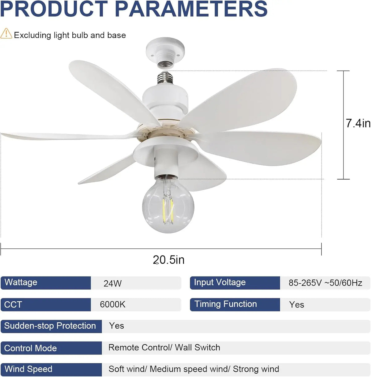 ventilateur moderne blanc aile simple télécommande 20.5 large 7.4 hauteur
