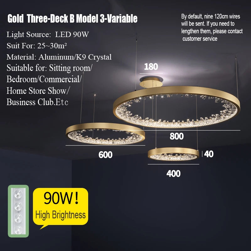 suspension lumineuse moderne or noir strass circulaire chambre salon led