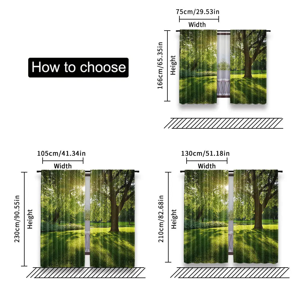 rideau vert paysager polyester extérieur deux panneaux arbres lumière naturel décoratif plissé vertical