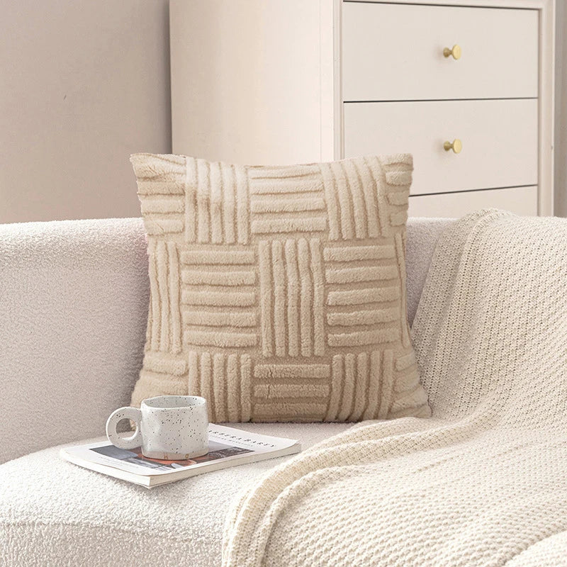 coussins moelleux rayures horizontales gris blanc moderne confortable zip vert clair polyester