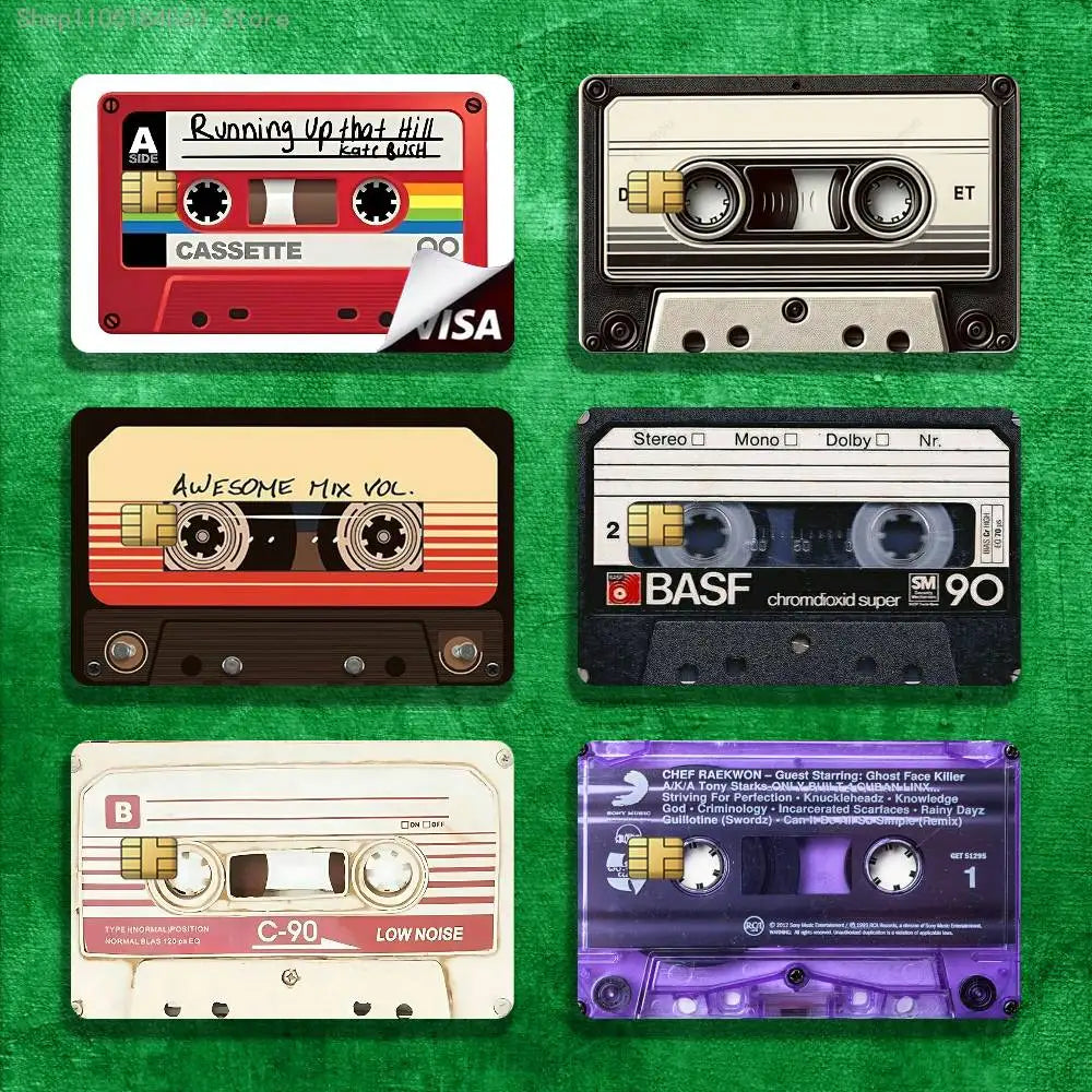cassette audio vintage stickers cartes bancaires motifs rétro adhésifs collectionné rouge beige noir vintage