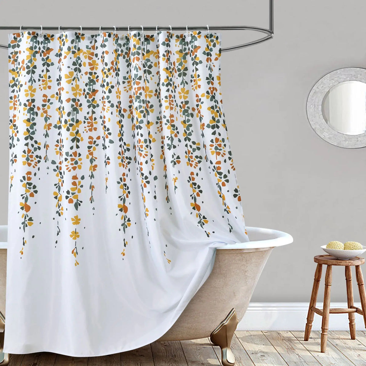 rideau douche tissu polyester blanc motif fleurs moderne élégant salle bain imperméable opaque
