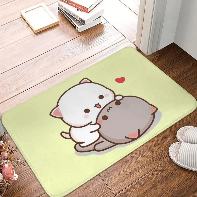 tapis sol moderne motif chat mignon mangeant nouilles rose gris blanc intérieur extérieur