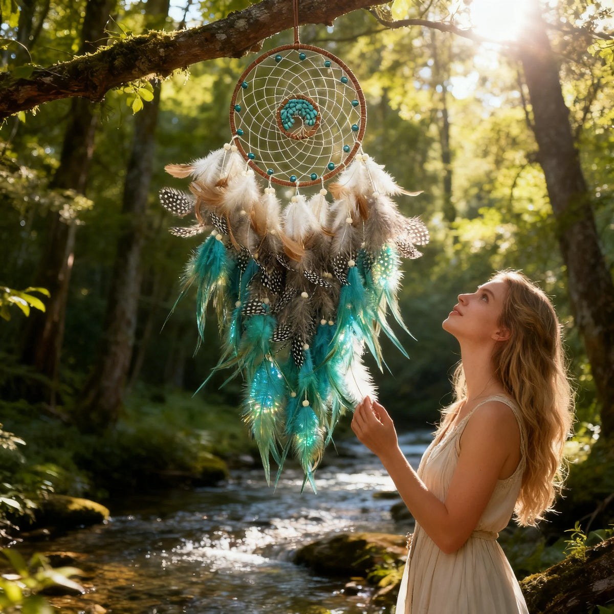 attrape rêves boho chic plumes multicolore bleu rouge gris orange salon chambre