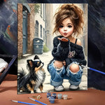 toile peinte fille chien stickers propylène moderne art contemporain peinture acrylique