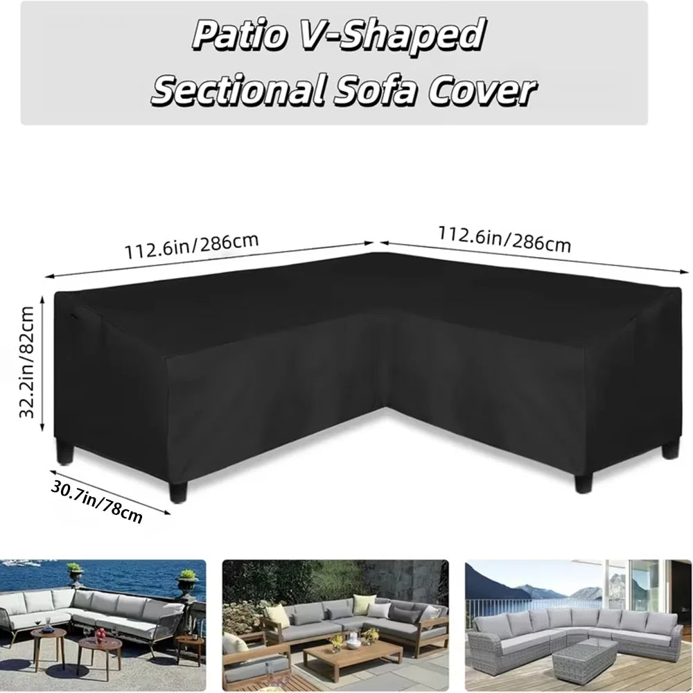 Housse canapé angle patio tissu polyester imperméable noire moderne cordons serrage 286x78cm