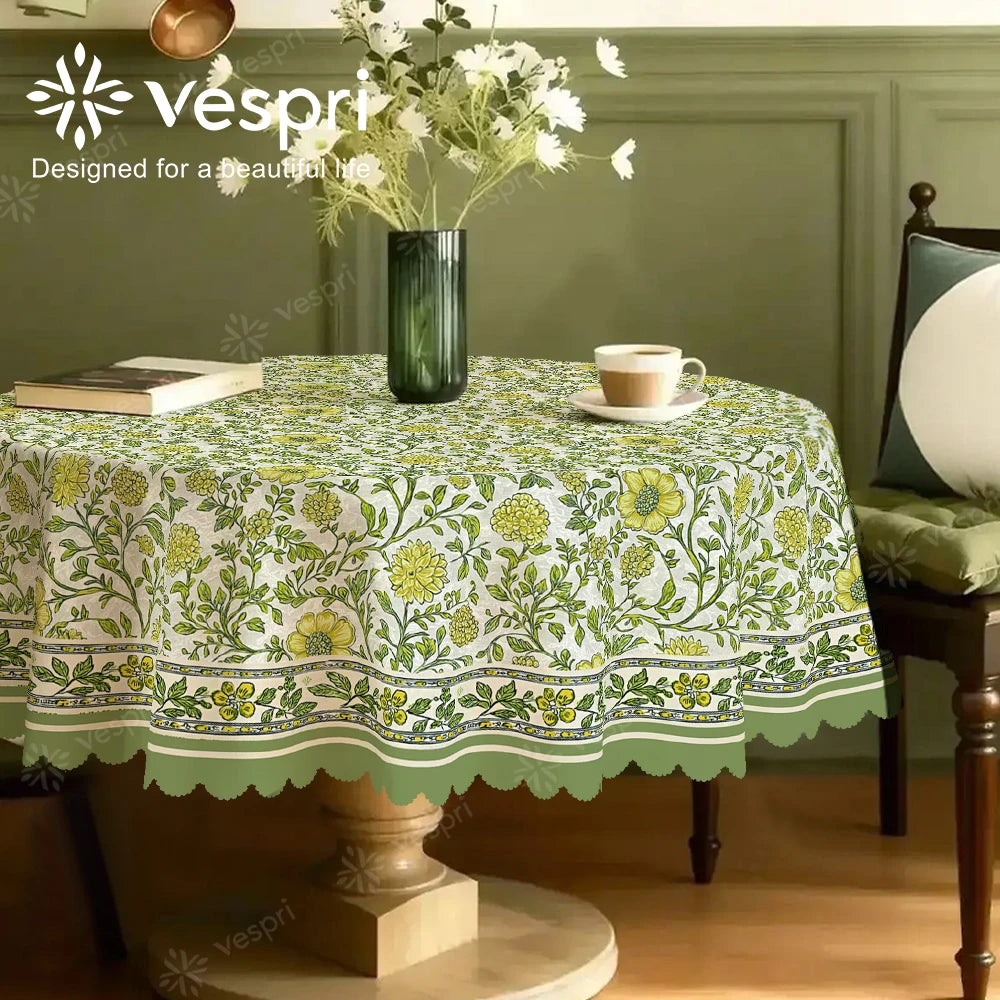 nappe table fleurs feuilles verte blanche classique réutilisable cuisine tasse thé pomme livre ovale