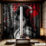 rideau imprimé art japonais femme katana fleurs cerisier noir rouge salon moderne