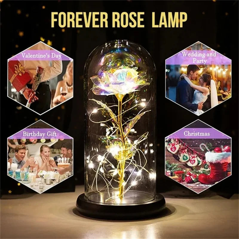 lampe led rose stabilisée dorée feuilles vertes moderne nuit multicolore base noire verre transparent