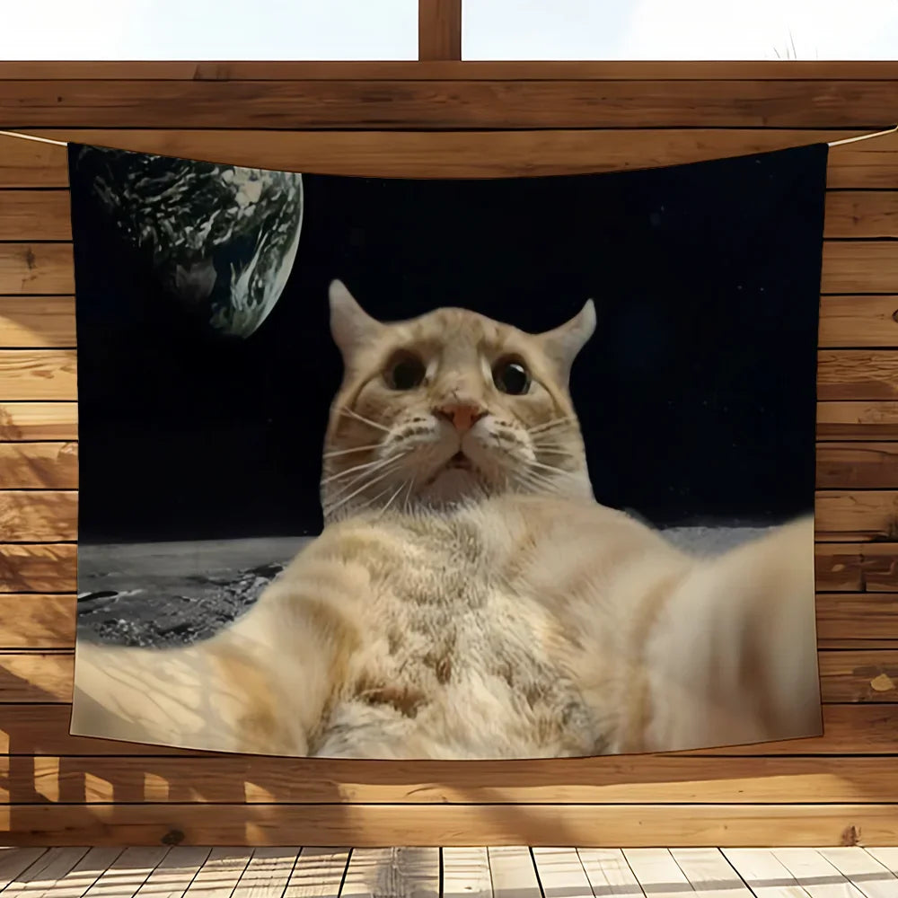 tapisserie murale chat espace vert motif galactique décoration chambre salon moderne humour tissu polyester