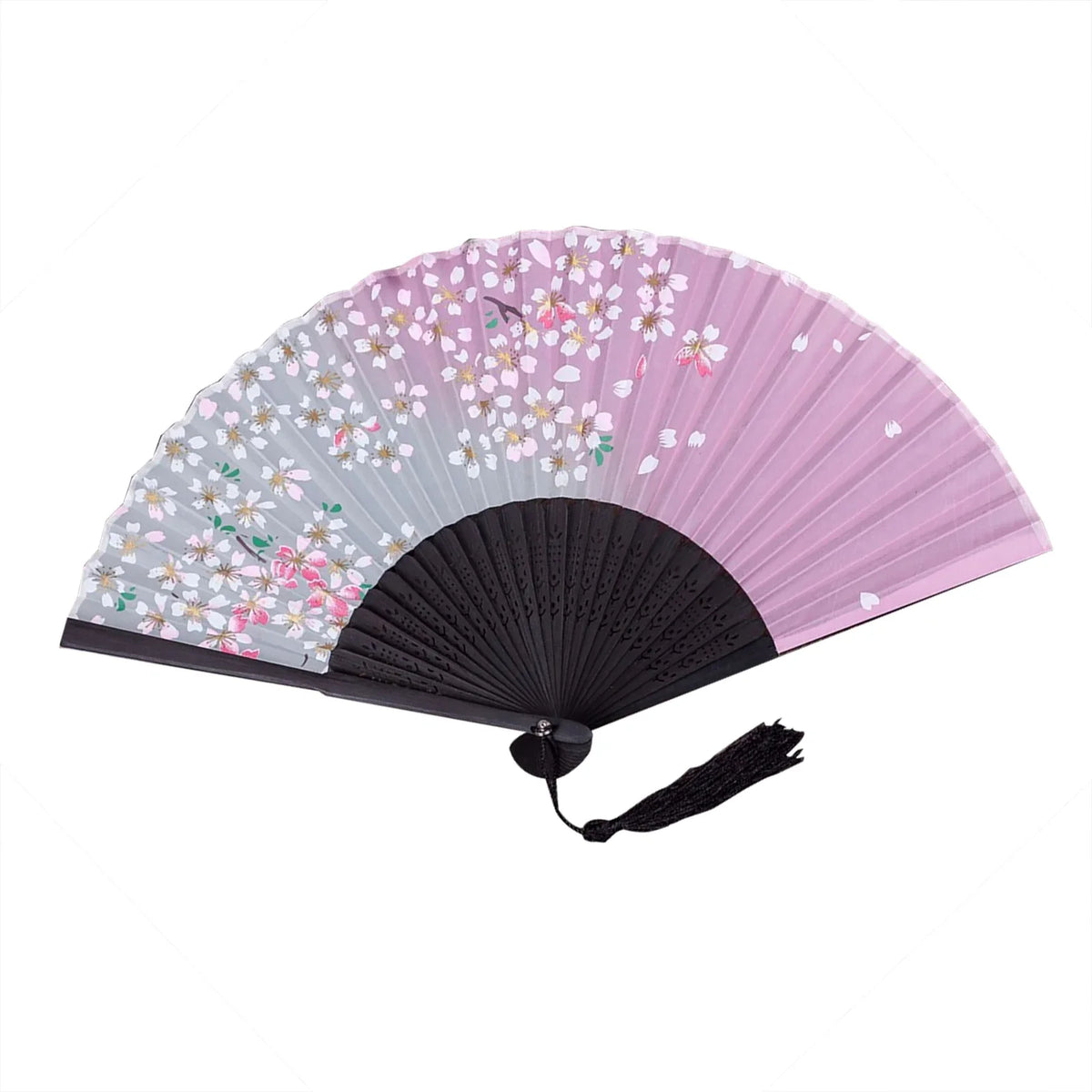 éventail traditionnel japonais bambou fleurs cerisier papillons pompon décoratif pliable violet